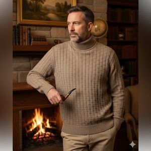 MARCO TADDEI Khaki Wool Blend Cable Knit Long Sleeve Turtle Neck Sweater Sz L